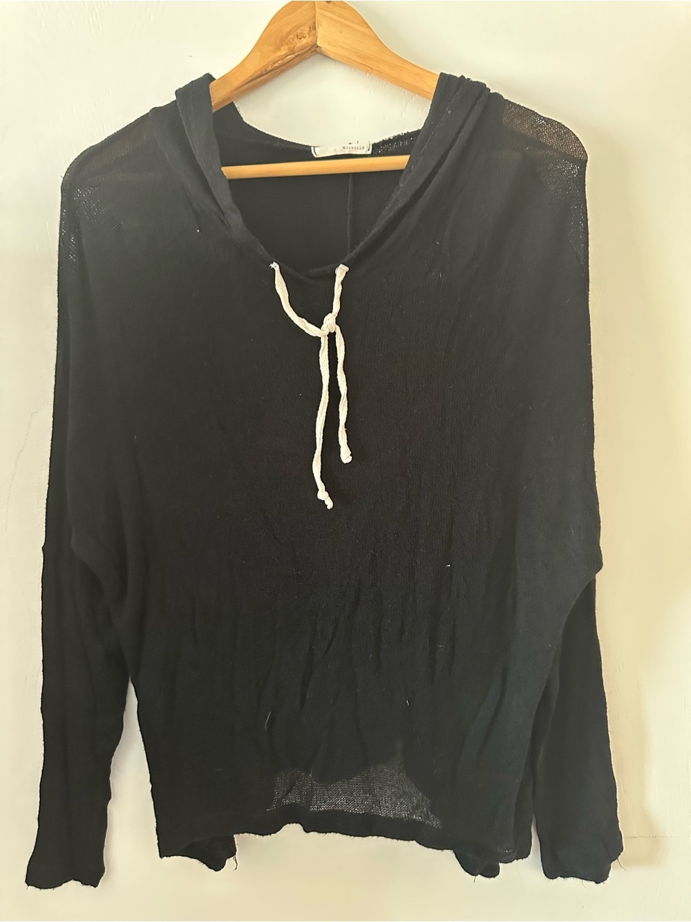 Michele Black Sheer Hooded Knit Top with White Drawstring